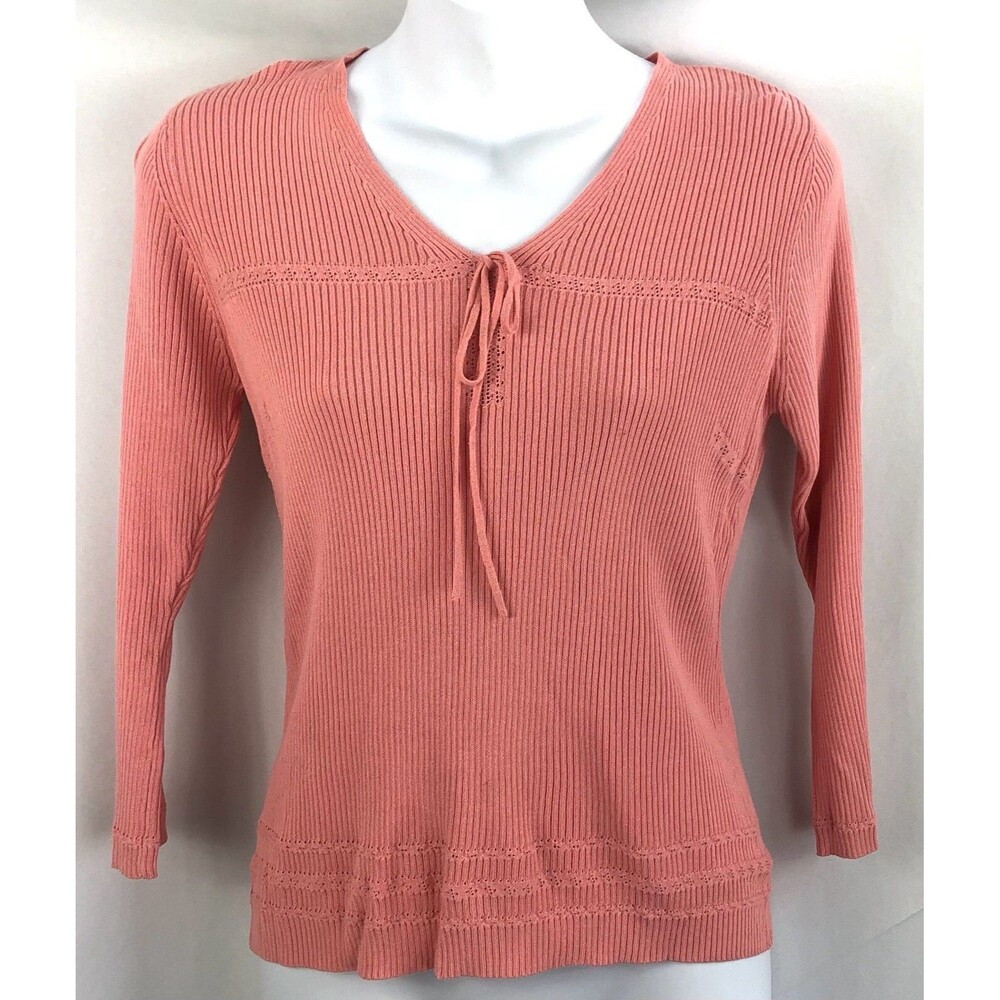 Vintage Ribbed Knit Tee Top PM Pink Bow V-Neck 3/4 Sleeve Cutout Lace Fairy Y2K